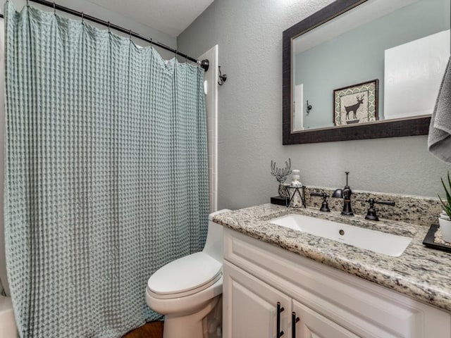 bathroom featuring curtained shower, toilet, vanity, and a textured wall