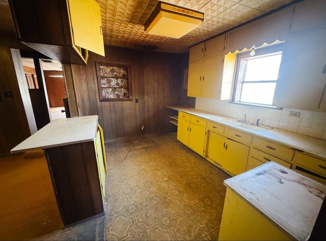 kitchen with a sink, an ornate ceiling, wooden walls, and light countertops