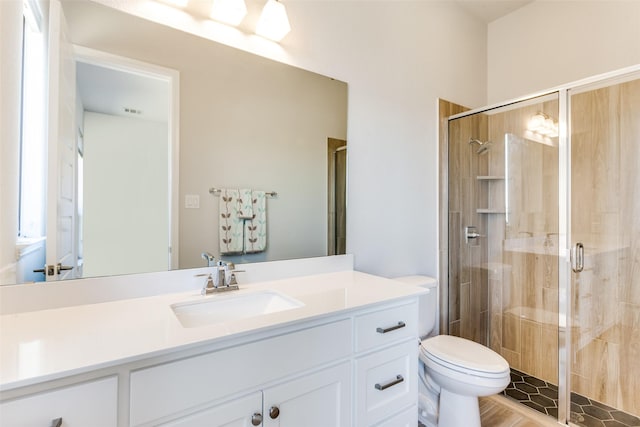 full bath featuring vanity, a shower stall, toilet, and visible vents