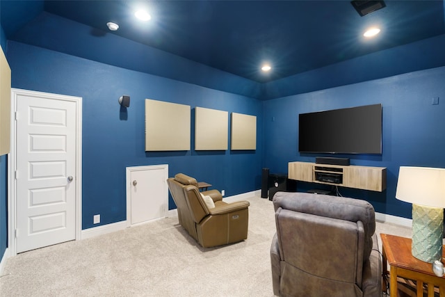 home theater room with visible vents, baseboards, and carpet flooring