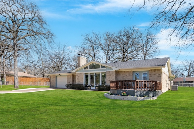 view of front of property featuring fence, driveway, an attached garage, a chimney, and brick siding