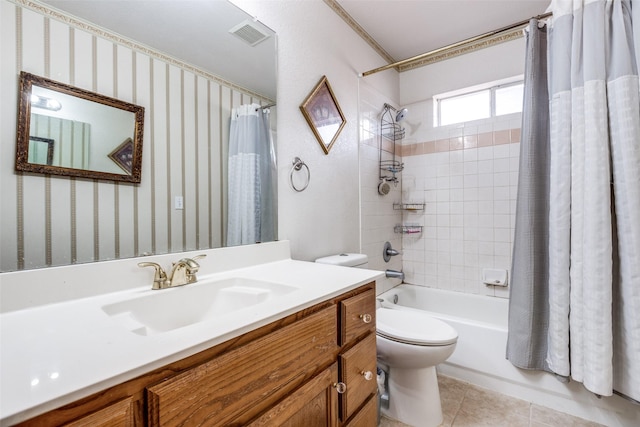 full bath featuring visible vents, toilet, shower / tub combo, tile patterned flooring, and vanity