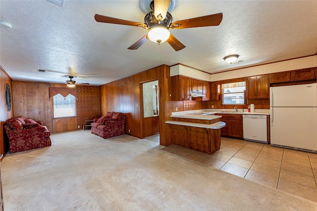 kitchen with a wealth of natural light, open floor plan, light colored carpet, and white appliances