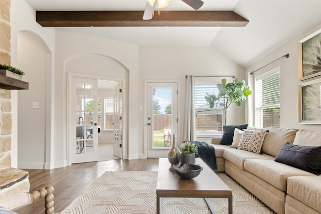 231 Archer Way, Forney, TX 75126 - living area featuring ceiling fan, vaulted ceiling with beams, baseboards, and wood finished floors