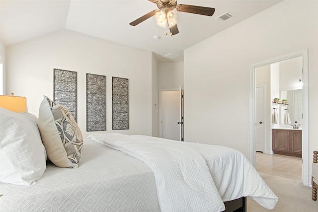 231 Archer Way, Forney, TX 75126 - bedroom with visible vents, light carpet, light tile patterned floors, ceiling fan, and vaulted ceiling