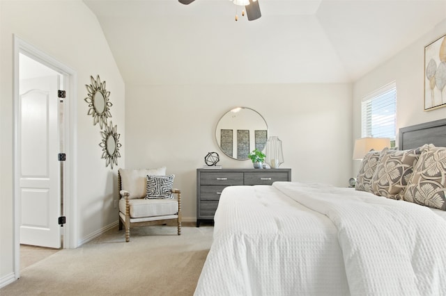 231 Archer Way, Forney, TX 75126 - bedroom featuring light colored carpet, baseboards, lofted ceiling, and a ceiling fan