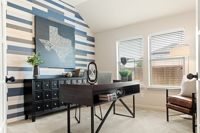 231 Archer Way, Forney, TX 75126 - office with baseboards, light carpet, and lofted ceiling
