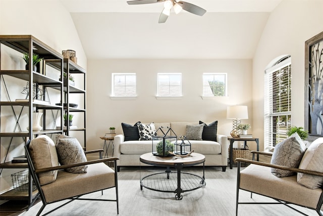 231 Archer Way, Forney, TX 75126 - living room featuring a wealth of natural light, ceiling fan, and vaulted ceiling