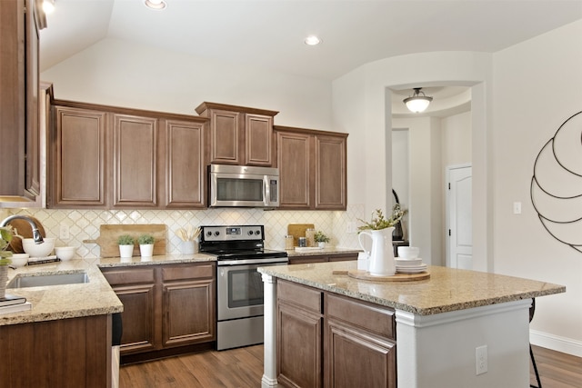 231 Archer Way, Forney, TX 75126 - kitchen featuring lofted ceiling, a sink, stainless steel appliances, dark wood-type flooring, and a center island