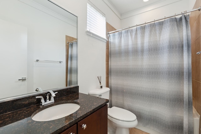 full bathroom with shower / bathtub combination with curtain, toilet, ornamental molding, and vanity