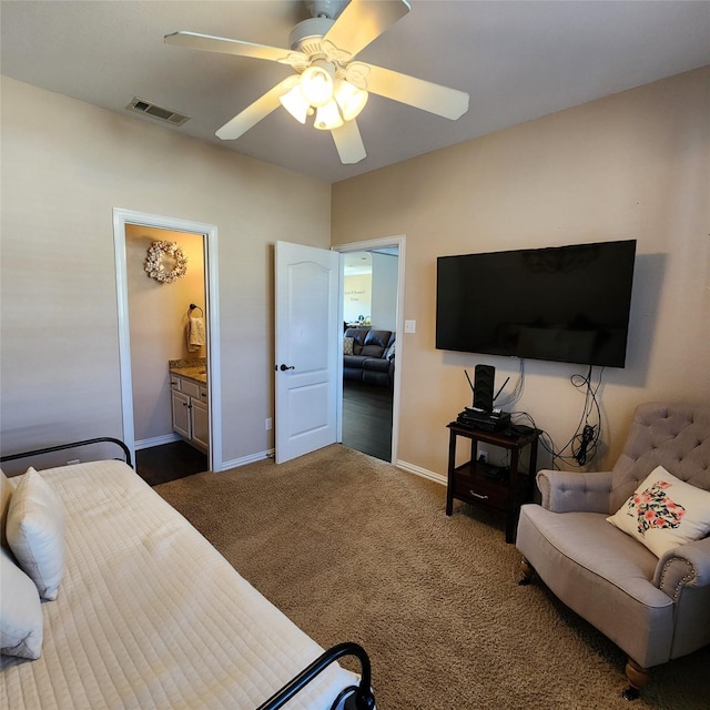 bedroom featuring visible vents, ceiling fan, baseboards, and dark colored carpet