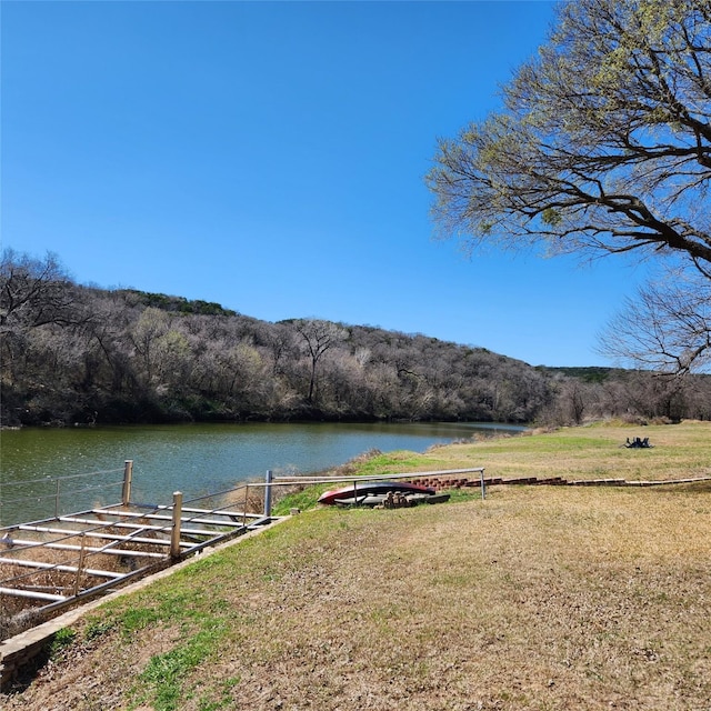 view of yard featuring a water view and a wooded view