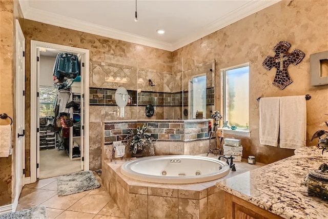 full bath with tile patterned flooring, a tub with jets, a tile shower, and ornamental molding