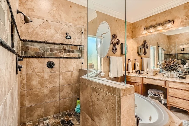 full bath featuring vanity, crown molding, a tub with jets, and walk in shower