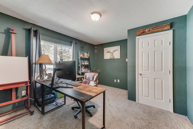 home office with a textured wall, a textured ceiling, and carpet