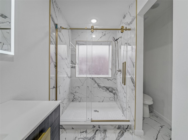 full bath with a marble finish shower, toilet, and marble finish floor