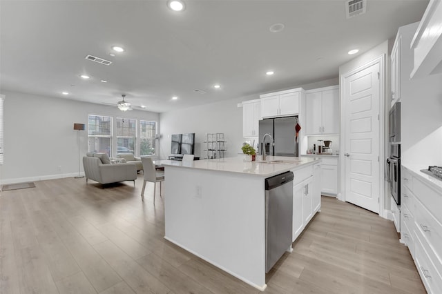 kitchen featuring visible vents, recessed lighting, appliances with stainless steel finishes, and light wood-type flooring