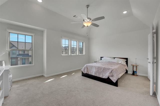 bedroom with visible vents, baseboards, lofted ceiling, recessed lighting, and light carpet