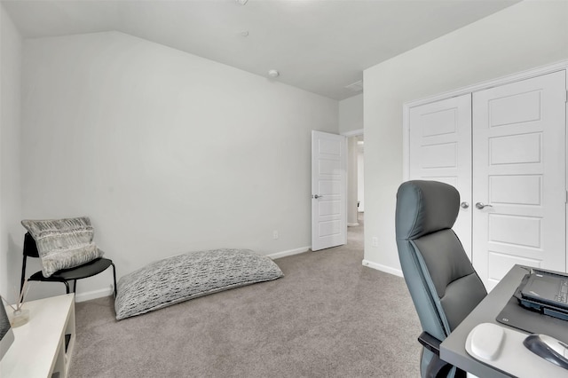 home office with baseboards, carpet floors, and vaulted ceiling