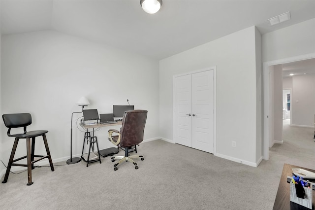 office area with baseboards, visible vents, and carpet floors