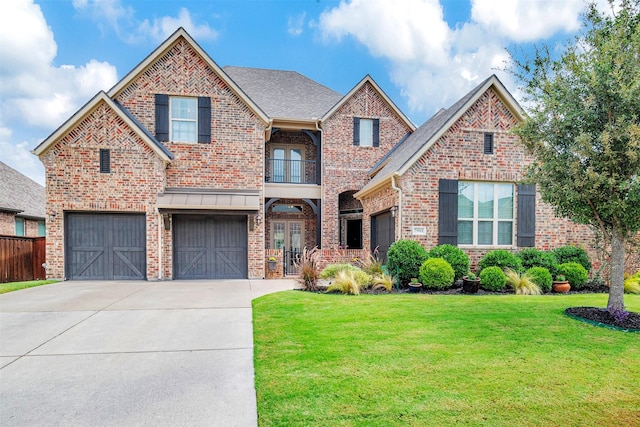 view of front of home with a front yard, a balcony, an attached garage, concrete driveway, and brick siding