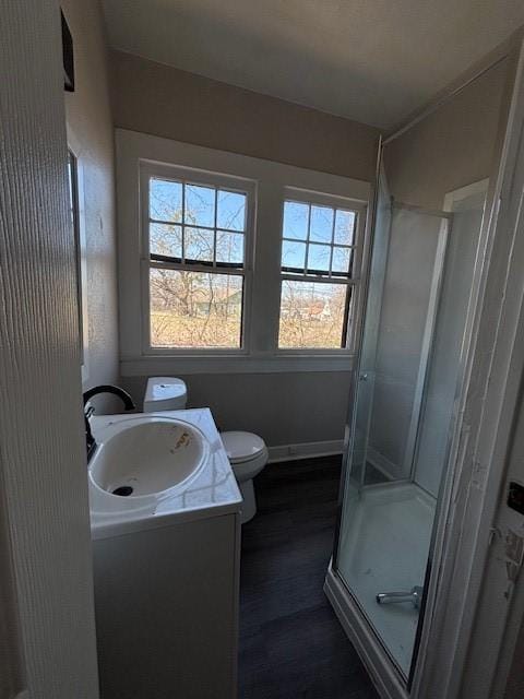 full bath with vanity, wood finished floors, baseboards, a stall shower, and toilet