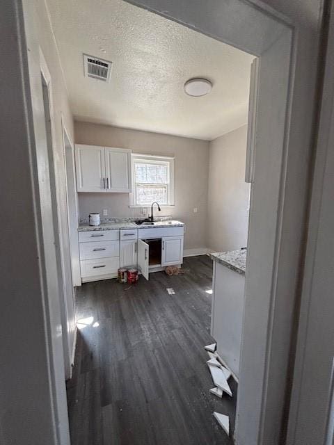 kitchen with visible vents, white cabinetry, dark wood-style floors, a textured ceiling, and a sink