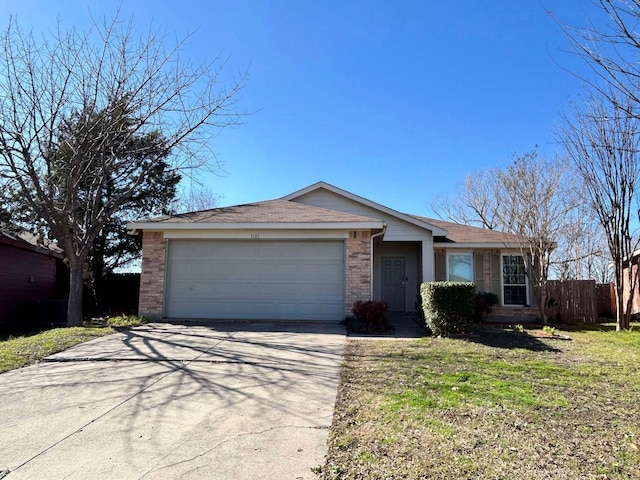 ranch-style house with brick siding, a front lawn, fence, a garage, and driveway