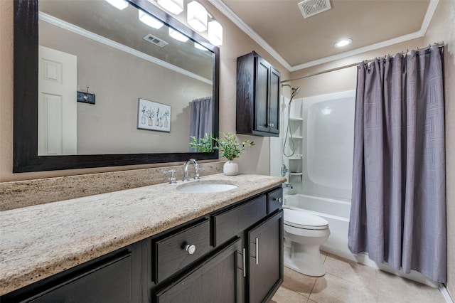 full bath featuring shower / bathtub combination with curtain, visible vents, ornamental molding, tile patterned floors, and toilet