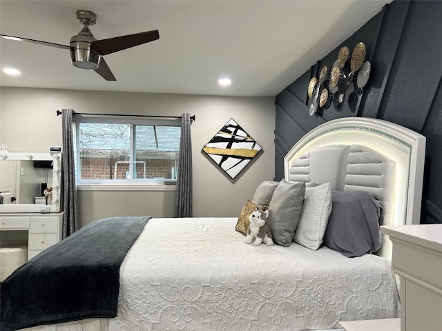 bedroom with recessed lighting and a ceiling fan