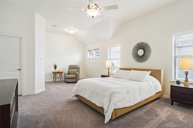 carpeted bedroom with visible vents, baseboards, ceiling fan, and vaulted ceiling