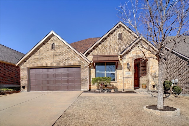 french provincial home with a garage, brick siding, roof with shingles, and concrete driveway