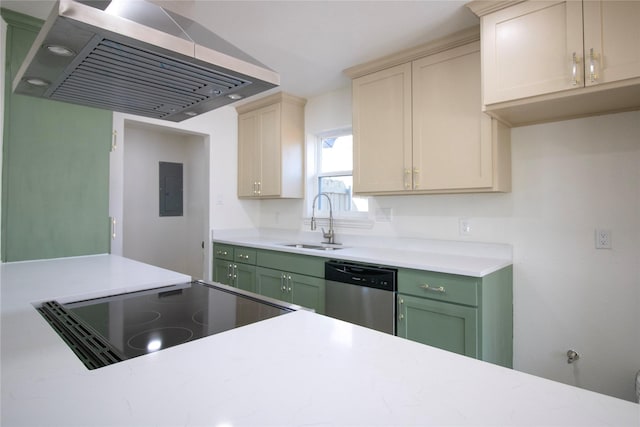 kitchen with range hood, a sink, green cabinets, light countertops, and dishwasher