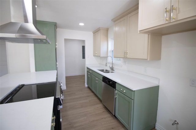 kitchen with electric range, a sink, wall chimney exhaust hood, green cabinets, and dishwasher