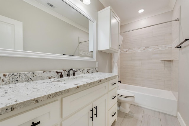 bathroom featuring visible vents, toilet, shower / bath combination, tile patterned floors, and vanity