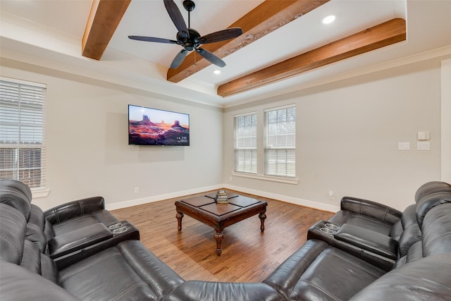 living room featuring beamed ceiling, recessed lighting, wood finished floors, and baseboards