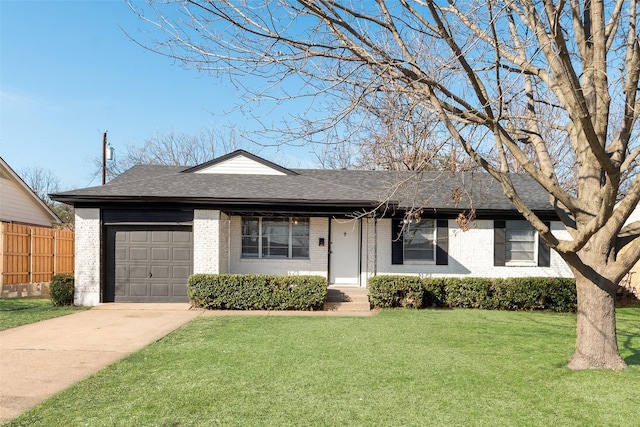 ranch-style home with fence, driveway, a front lawn, a garage, and brick siding