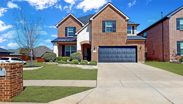 view of front of house with brick siding, a front lawn, a garage, stone siding, and driveway