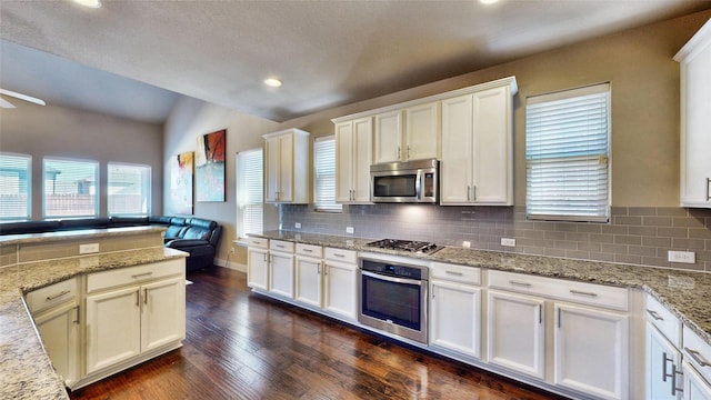 kitchen with decorative backsplash, lofted ceiling, appliances with stainless steel finishes, and dark wood finished floors