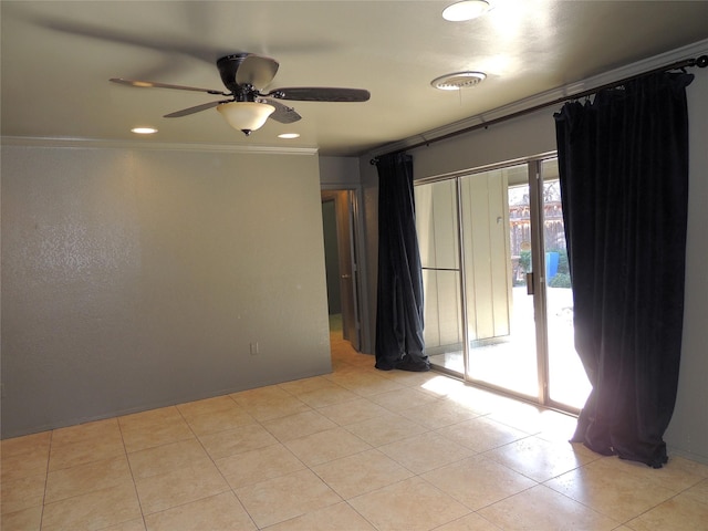 spare room with ceiling fan, recessed lighting, ornamental molding, and light tile patterned flooring