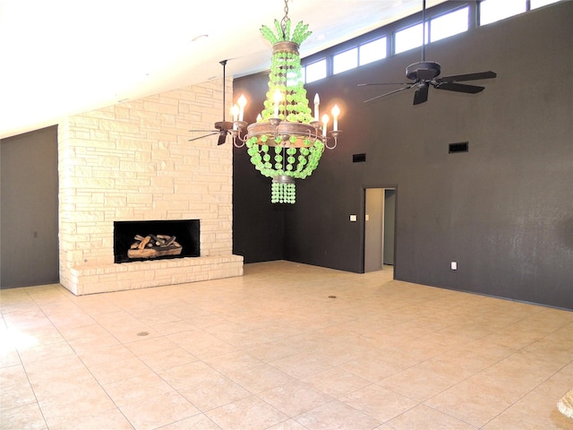 unfurnished living room with high vaulted ceiling, visible vents, a ceiling fan, and a fireplace