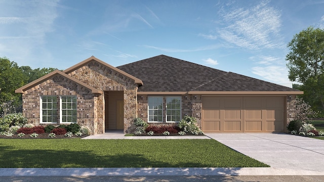 ranch-style house featuring a front lawn, stone siding, roof with shingles, concrete driveway, and a garage