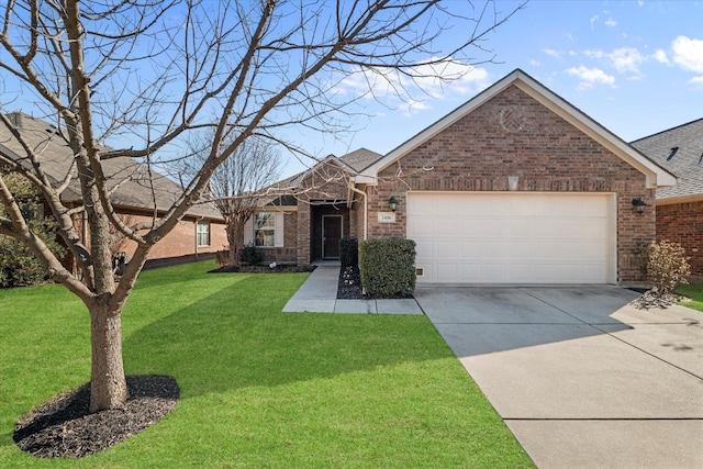 single story home with brick siding, a shingled roof, a front lawn, driveway, and an attached garage