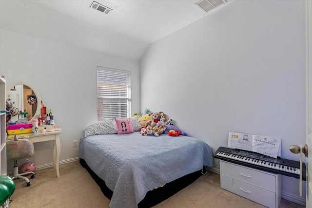 bedroom with vaulted ceiling, baseboards, visible vents, and carpet floors