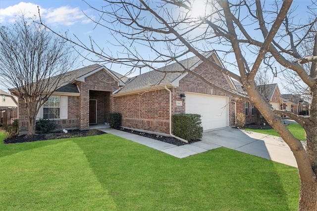 single story home with brick siding, concrete driveway, a front yard, roof with shingles, and an attached garage