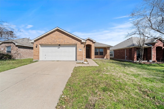 ranch-style house featuring a garage, brick siding, concrete driveway, and a front yard