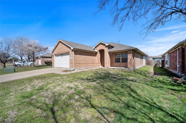 ranch-style house featuring brick siding, a front lawn, fence, concrete driveway, and an attached garage