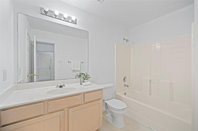 bathroom with vanity, tile patterned floors, toilet, and tub / shower combination