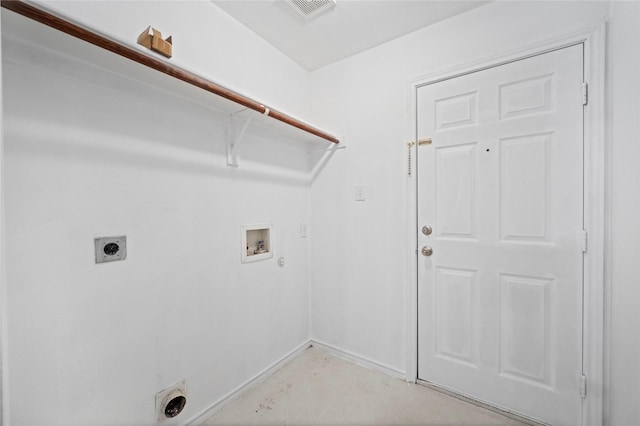 laundry area with baseboards, visible vents, hookup for an electric dryer, laundry area, and washer hookup