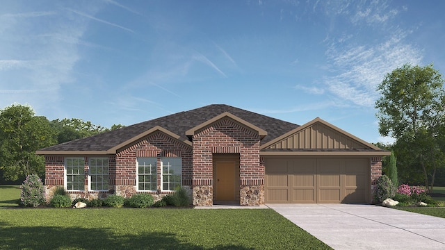 view of front facade with driveway, board and batten siding, an attached garage, a front yard, and brick siding